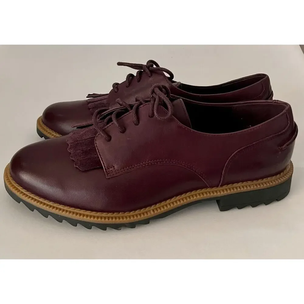 Clarks Griffin Mabel Oxblood Leather Kiltie Oxford Women's 7M Lug Sole NWOB